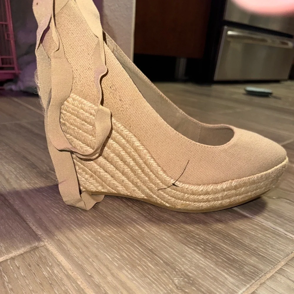 GIANNI BINI LACE UP TAN ROUND TOE ESPADRILLE WEDGES SIZE 9.5